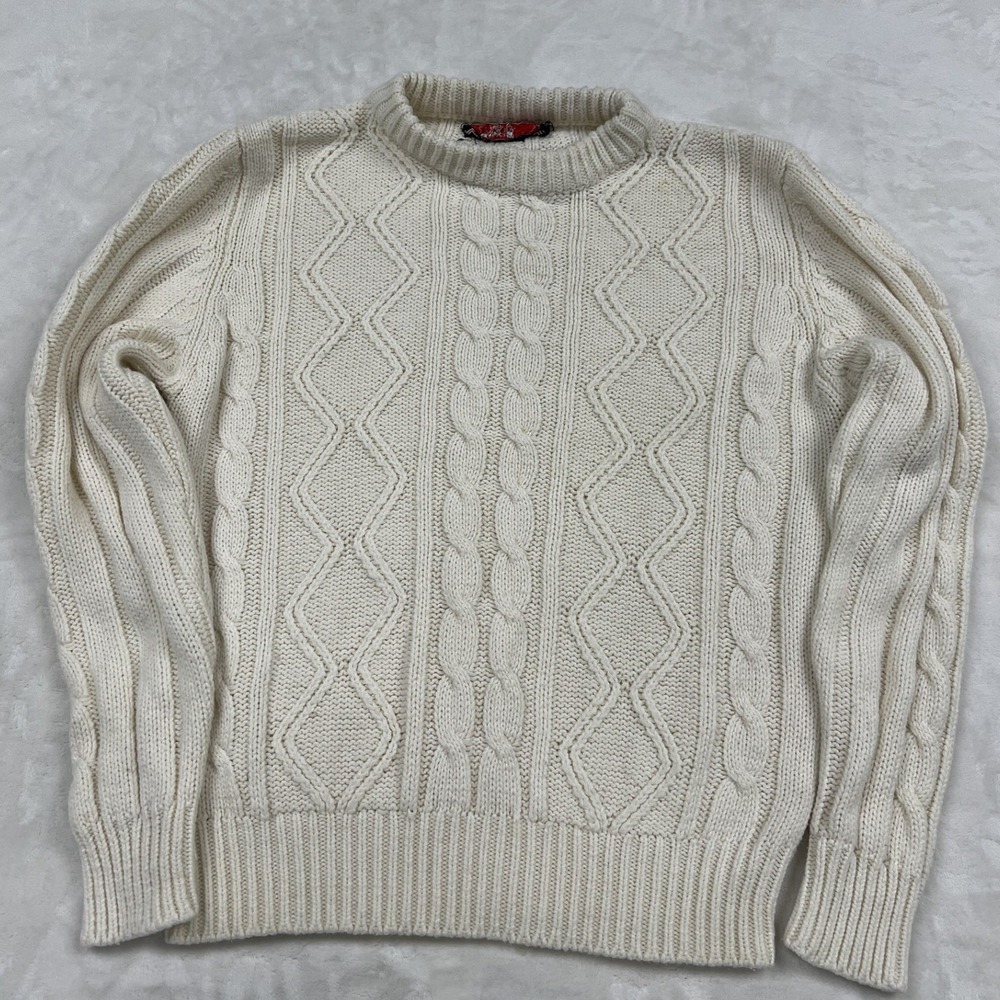 Youngbloods Cable Knit Sweater Mens XL Cream White Vintage Acrylic Crewneck
